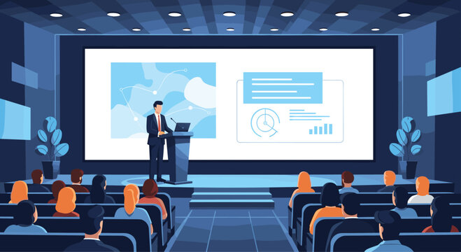 Speaker giving a business presentation on a large stage in a modern auditorium filled with an attentive audience.
