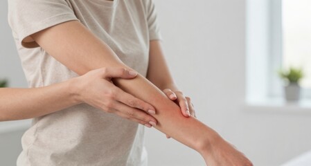 Fototapeta premium Individual examines a skin rash, potentially due to allergies or eczema, seeking relief and healthcare