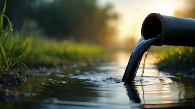 Black pipe pouring water into a muddy puddle beside a grassy verge at sunset, reflections rippling on the surface, rural drainage scene, wet soil, bank edge, long shadows, late light glow