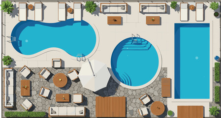 Top view 2D architectural site plan of a luxury backyard featuring multiple swimming pools, sun loungers, outdoor lounge furniture, stone paving, and professional patio landscaping © NASRIN