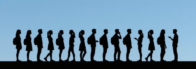 Silhouette of students in line with backpacks against a blue background, concept of education or teamwork
