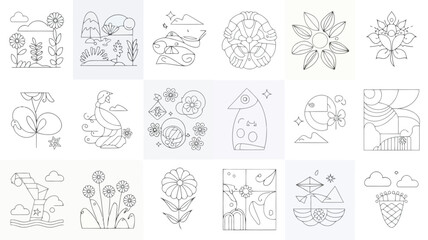 Collection of twelve black and white line art illustrations featuring floral and nature motifs