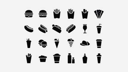 A collection of simple black silhouette icons depicting various foods and beverages