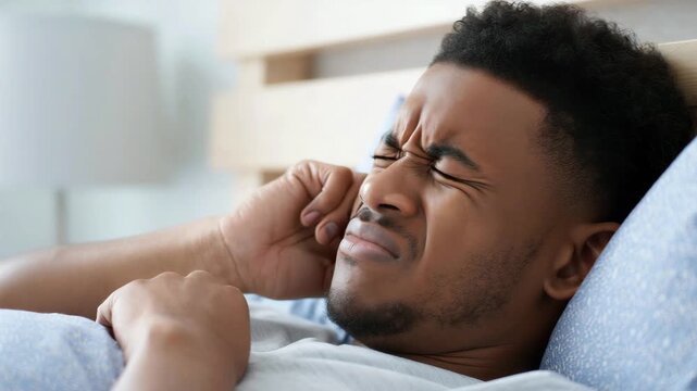 Man experiencing ear discomfort, lying in bed with a pained expression, healthcare and earache concept, potential ear infection, need for medical attention, resting on blue pillow
