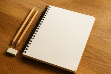 Blank spiral notebook with pencils and eraser on wooden surface, clean and minimal mockup for copyspace or creative design presentation. Ai generative