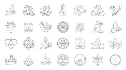 Collection of minimalist line art icons depicting spiritual mystical and natural elements
