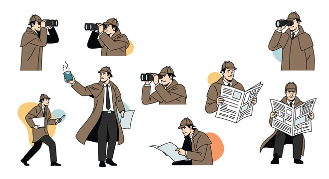 Set of detective illustrations showing a character in a trench coat using binoculars and reading newspapers.