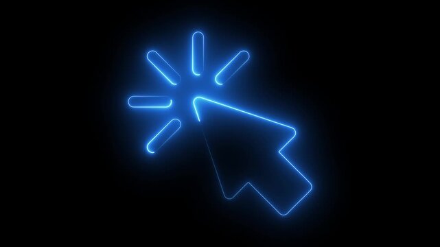 glowing neon mouse cursor icon on black background. cursor with click and accent. Mouse pointer hand click icon animation. Clicking finger icon with black background.