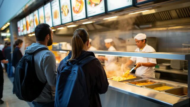 Dining experience at a bustling cafeteria counter, people choosing meals, chefs preparing food, fast-paced restaurant environment, versatile visual for lifestyle, business, marketing, digital content