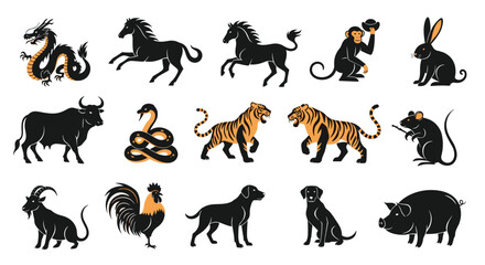 Fototapeta premium Complete set of Chinese zodiac animal silhouettes in black and orange colors including dragon tiger and horse.