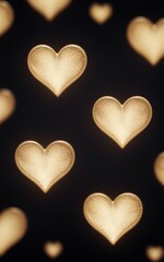 Fototapeta premium Golden hearts float softly against dark background, glowing warmly and gently.
