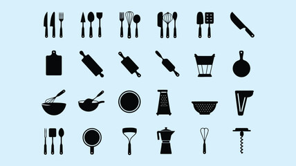 Minimalist black silhouettes depict various kitchen utensils and cookware on a light blue background