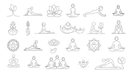 Line art illustrations depicting various yoga poses lotus flowers and meditative symbols
