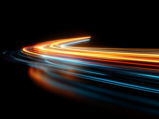 A multicolored track with neon light trails and smooth motion forms an image of flow and acceleration, vector © Strongstock03