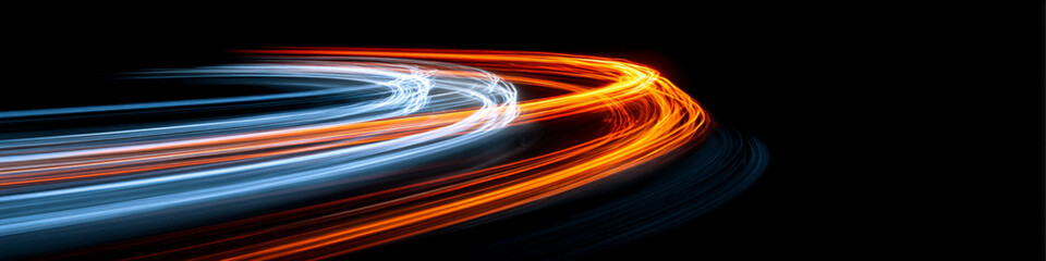 A high-speed abstract track with bright light trails and colorful rays visualizes flow, momentum, and the energy of a modern digital environment, vector © Strongstock03