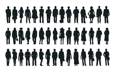A large group of silhouetted people are arranged in multiple rows facing forward