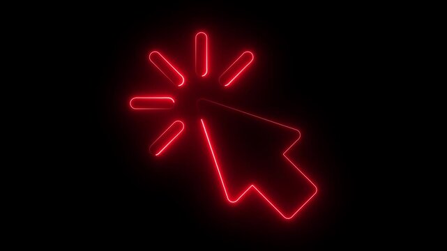 glowing neon mouse cursor icon on black background. cursor with click and accent. Mouse pointer hand click icon animation. Clicking finger icon with black background.