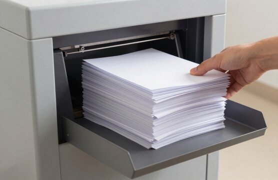 Office Printer Paper Loading: Hand Refilling Tray with White Sheets for Printing and Copying