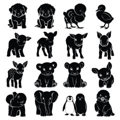 Silhouettes Of Various Young Animals Puppies Lambs Chicks Deer And More high quality