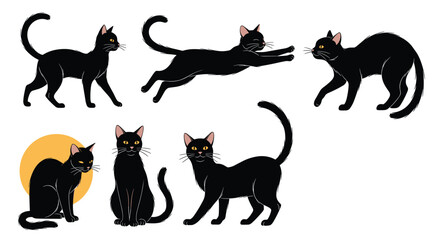 Set of six black cat illustrations in various poses like walking jumping stretching and sitting on a background. © OtherGRX18
