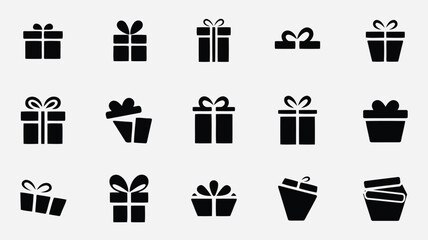 Assorted black gift box icons with ribbons and bows on a light gray background