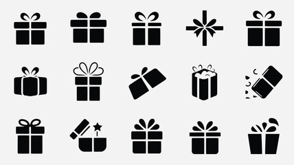 Collection of black gift box icons with various ribbons and decorative elements displayed