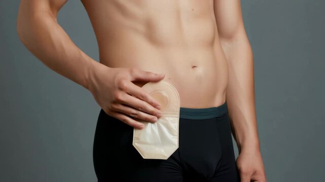 Man holding ostomy bag on abdomen, medical healthcare concept, stoma care management, post-surgery recovery, living with colostomy bag, body image acceptance, chronic illness support