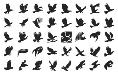 A collection of black silhouettes depicting various birds in flight and at rest