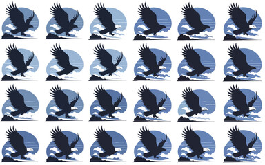 A repeating pattern showcasing silhouettes of eagles in flight against a blue sky