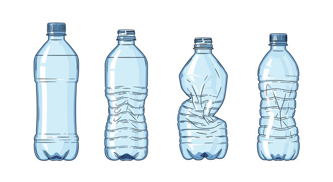 Sequence of four blue plastic water bottles showing different stages of use from completely full to crushed for environmental recycling.