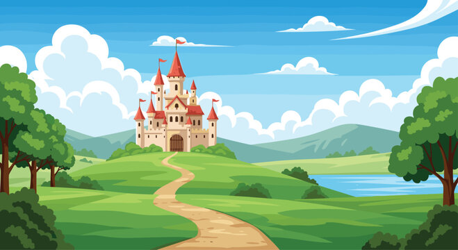 Enchanting fairytale castle sitting on top of a lush green hill with a winding dirt path leading directly to its ancient wooden gate.