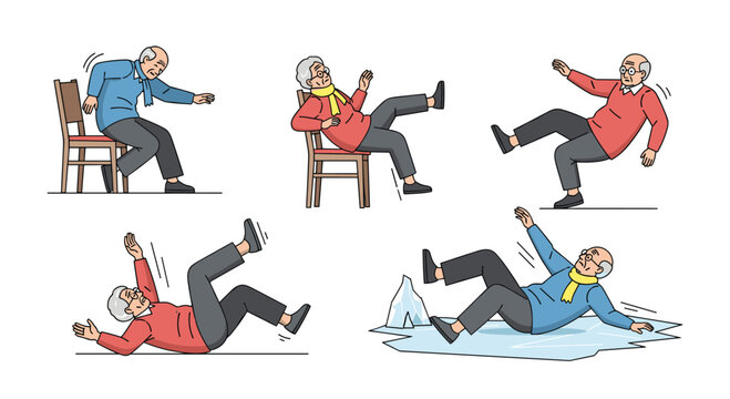 Illustrations of an elderly man and woman experiencing different types of accidental falls and slips in various indoor and outdoor areas.