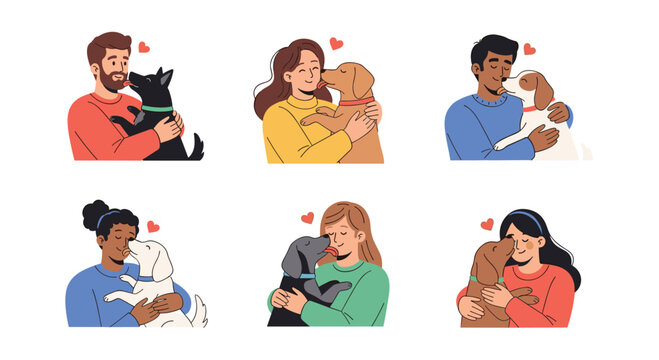 Set of heartwarming illustrations showing people of various ethnicities and backgrounds embracing their beloved pet dogs with deep love.