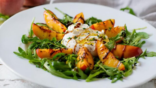 Grilled peach wedges on arugula leaves with burrata cheese, balsamic glaze drizzle, rustic white plate closeup, summer appetizer salad on wooden table, fresh ingredients, Mediterranean cuisine