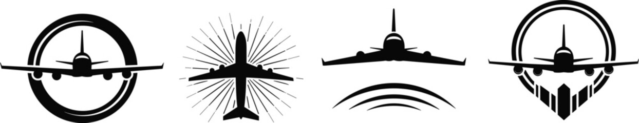 &ldquo;Stylized airplane logo icon set &mdash; four black and white aviation symbols for travel, airline branding, and aerospace design&rdquo;