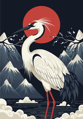 Fototapeta premium Majestic long-legged crane bird in a traditional Asian landscape with snowy peaks, water, and red sun, a beautiful vector illustration depicting nature's serenity
