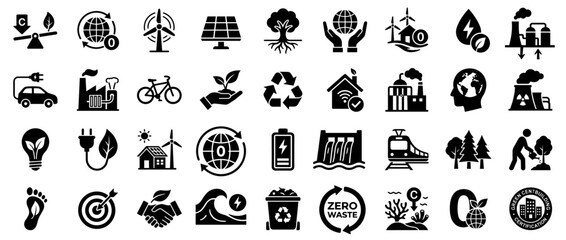 Comprehensive Set of Black Flat Vector Icons Representing Sustainability Renewable Energy Net Zero and Ecology Isolated on White Background