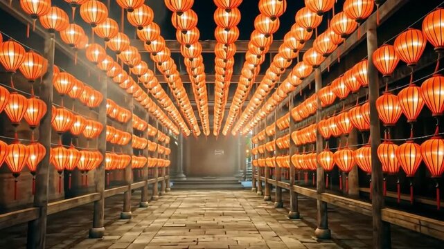 Red chinese street lanterns illuminate a narrow alleyway or corridor leading to a traditional gate structure at night