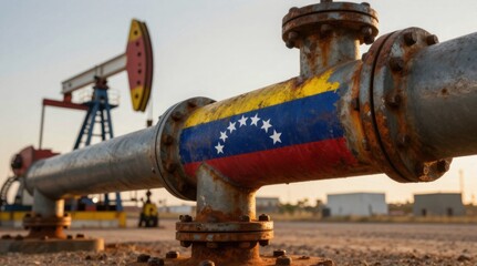 Fototapeta premium Oil Pipeline in Venezuela with a Pumpjack in the Background, Illustrating Energy Production