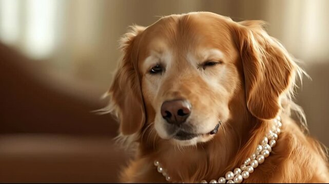 A joyful golden retriever wearing a pearl necklace indoors.
