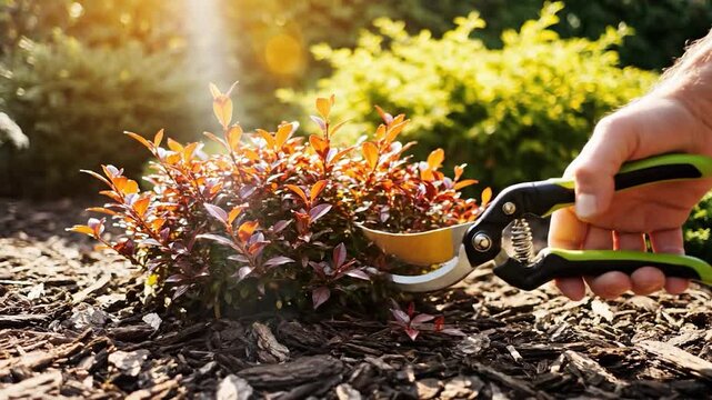 Gardener hand pruning small bush with shears in sunny outdoor setting