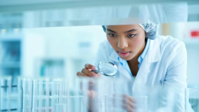 Scientist examining laboratory samples with magnifying glass engaging in research, wearing lab coat and hairnet, scientific research environment, laboratory equipment, in-depth specimen analysis