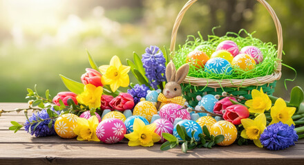 Fototapeta premium Vibrant easter eggs and flowers in a wicker basket on a wooden table