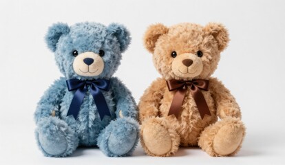 Fototapeta premium Adorable Blue and Brown Teddy Bears with Bows Sitting Side-by-Side on a White Background