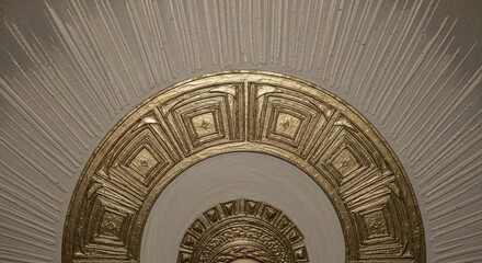 Fototapeta premium Art deco sunburst ceiling relief with gold geometric pattern. Architectural plaster ornament detail. Vintage interior decoration texture