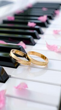 Golden wedding rings on piano keyboard with scattered pink petals, romantic relationship communication, luxury lifestyle branding, event planning promotion, love soundtrack concept