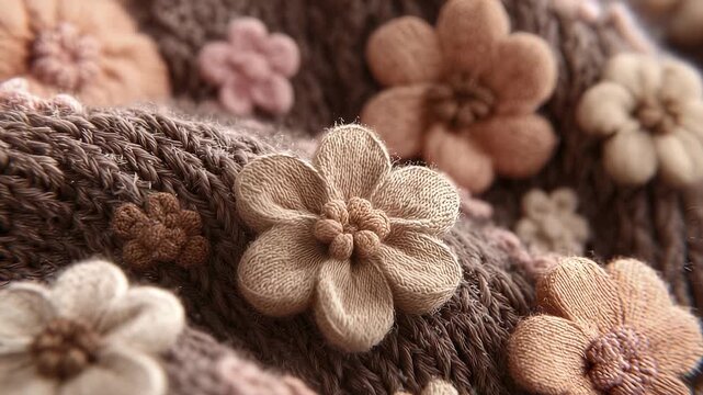The image shows a close-up view of intricately designed flowers made from yarn. These yarn flowers are arranged on a textured fabric, highlighting the delicate craftsmanship.