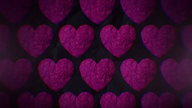 A patterned background of stop motion style love hearts.
