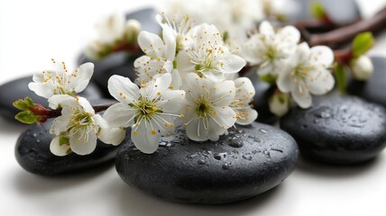 Black hot stones and white flowers on a white background, a spa concept for massage therapy. 