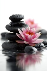Black hot stones and lotus on a white background, a spa concept for massage therapy. 